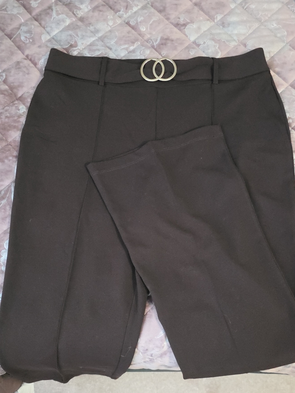 NYC Brown Ponte Pants with Silver Double-Ring Accent